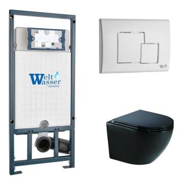 Унитаз с инсталляцией WeltWasser MARBERG 507+MERZBACH 041 XL MT-BL+MAR 507 SE GL-WT черный матовый/кнопка белая глянец