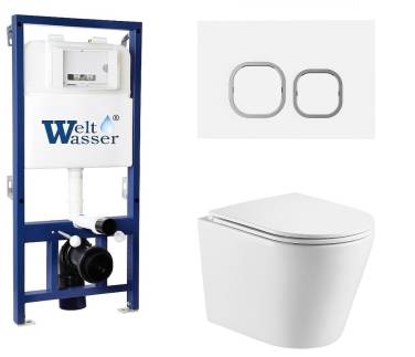 Унитаз с инсталляцией WeltWasser BAMBERG 525+SALZBACH 043 GL-WT+BAMBERG WT белый/кнопка белая, безободковый, с крышкой микролифт, слив торнадо