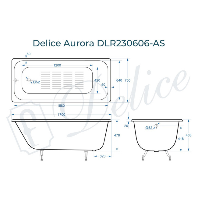 Delice Aurora 170х75 с антискользящим покрытием (в комплекте только ванна, без ножек и слива-перелива)