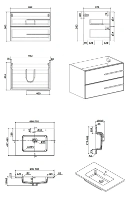 PARLY Тумба Bella70 подвесная с раковиной 700x480x525