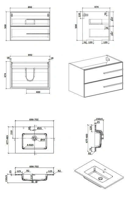 PARLY Тумба Bella70 подвесная с раковиной 700x480x525