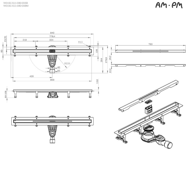 Am.Pm MasterFlow 80 W01SC-S11-080-05SB с решеткой Хром матовый Slim line
