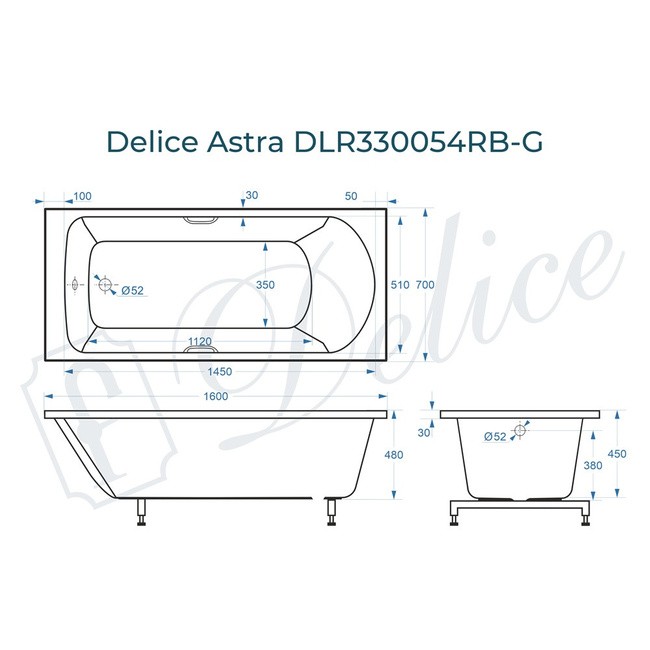 Delice Astra 160х70 глянцевая с черными ручками (в комплекте только ванна, без ножек и слива-перелива)