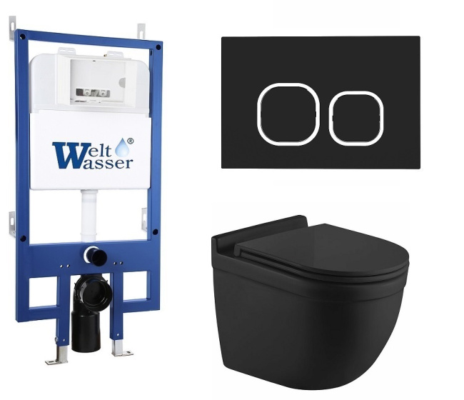 Унитаз с инсталляцией WeltWasser BAMBERG 545+HEIMBACH 043 MT-BL+BAMBERG BL черный матовый/кнопка черная, безободковый, с крышкой микролифт, слив торнадо