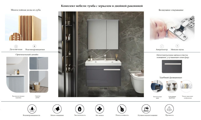 Ceruttispa OGLIO 70 тумба 705х460х510 с зеркалом и двойной раковиной, сифоном и двойным сливным шлангом