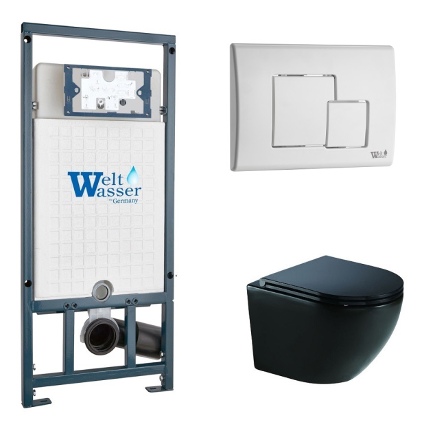 Унитаз с инсталляцией WeltWasser MARBERG 507+MERZBACH 041 XL MT-BL+MAR 507 SE GL-WT черный матовый/кнопка белая глянец