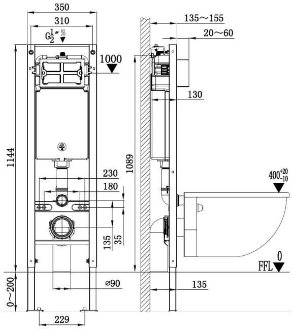 Унитаз с инсталляцией WeltWasser AMBERG 350 + SALZBACH 043 MT-BL + AMBERG RD-CR